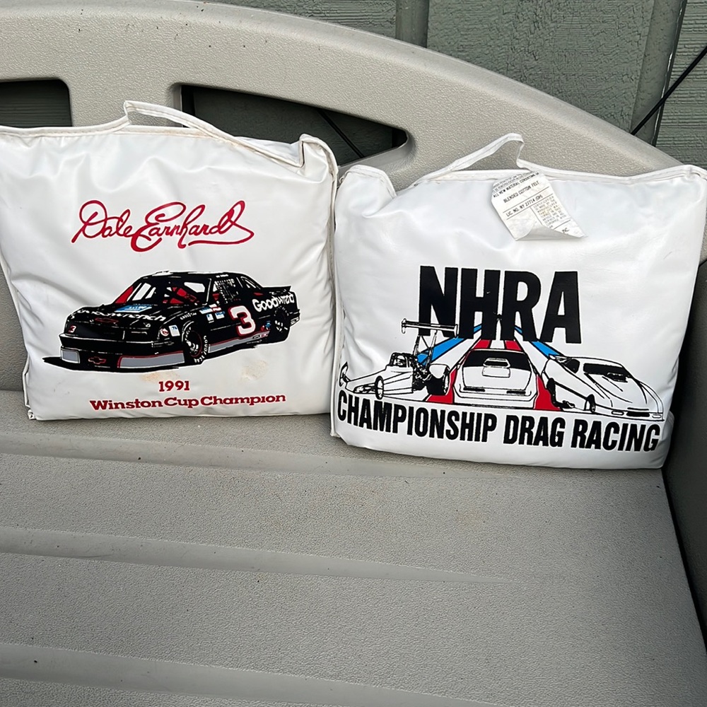 Set of 2 Vintage Racing Stadium Cushions Dale Earnhardt/ NHRA Drag Racing 1991
